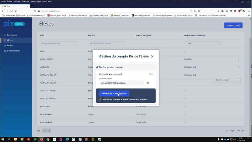 reinitialiser les identifiants sur Pix orga - Numérique Éducatif